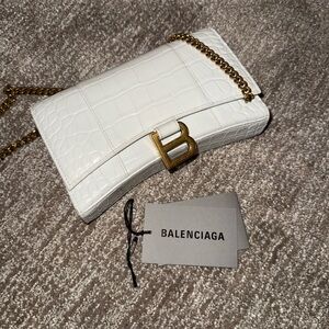 Balenciaga White Croc-Embossed Clutch with Gold Chain